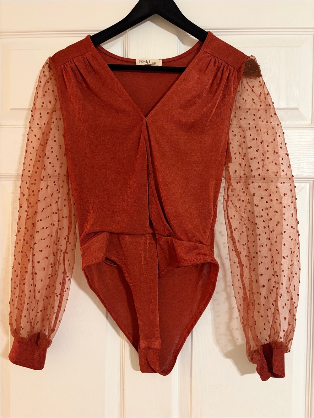 Peach Love Sheer Polka Dot Puff Long Sleeve Bodysuit - Rust - Size M